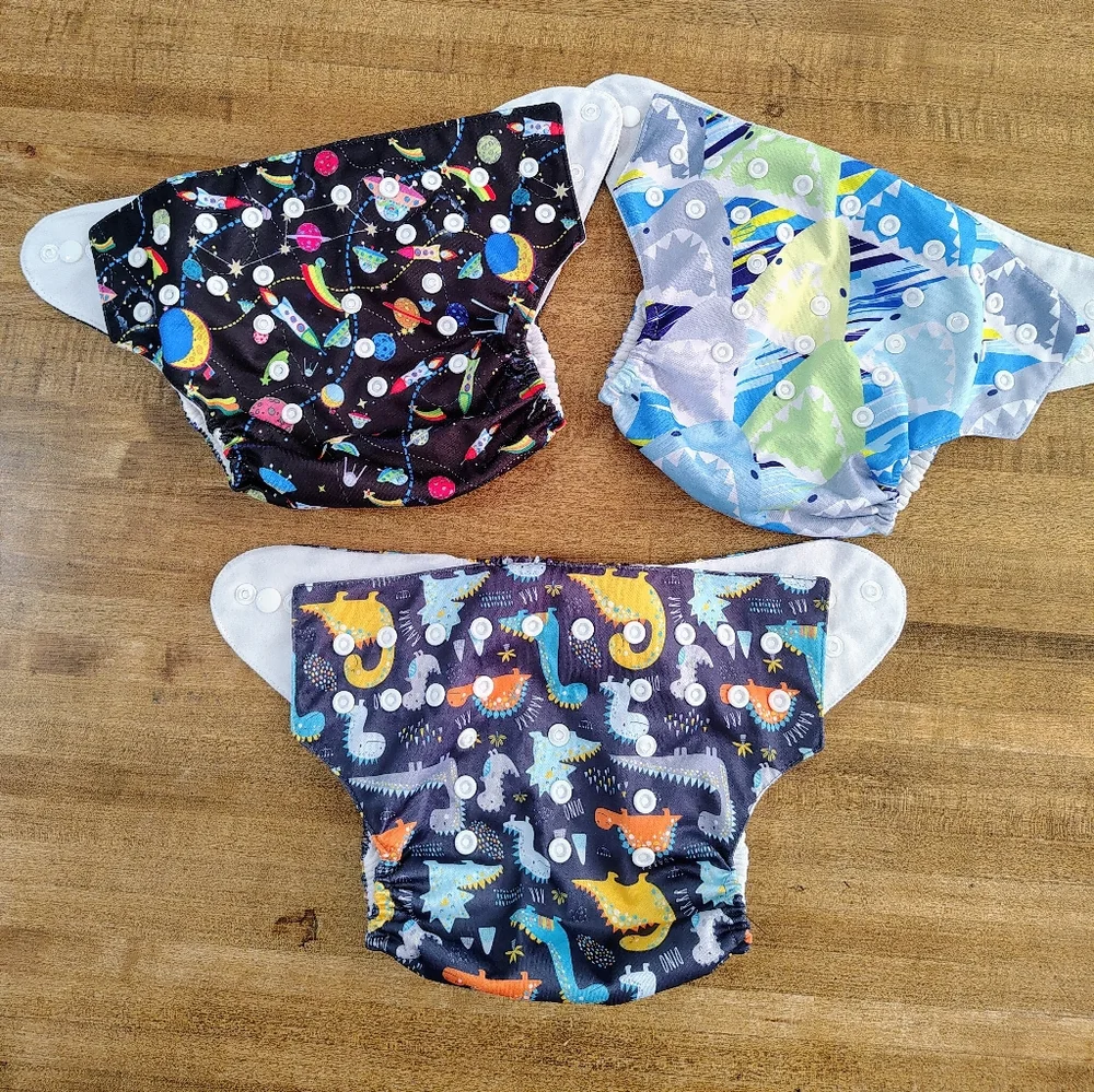 Washable Reusable Cloth Diapers Colorful Dinosaur, Shark and Space Themed